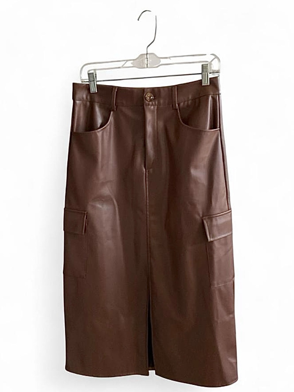 Brown Faux Leather Cargo Skirt with Slit